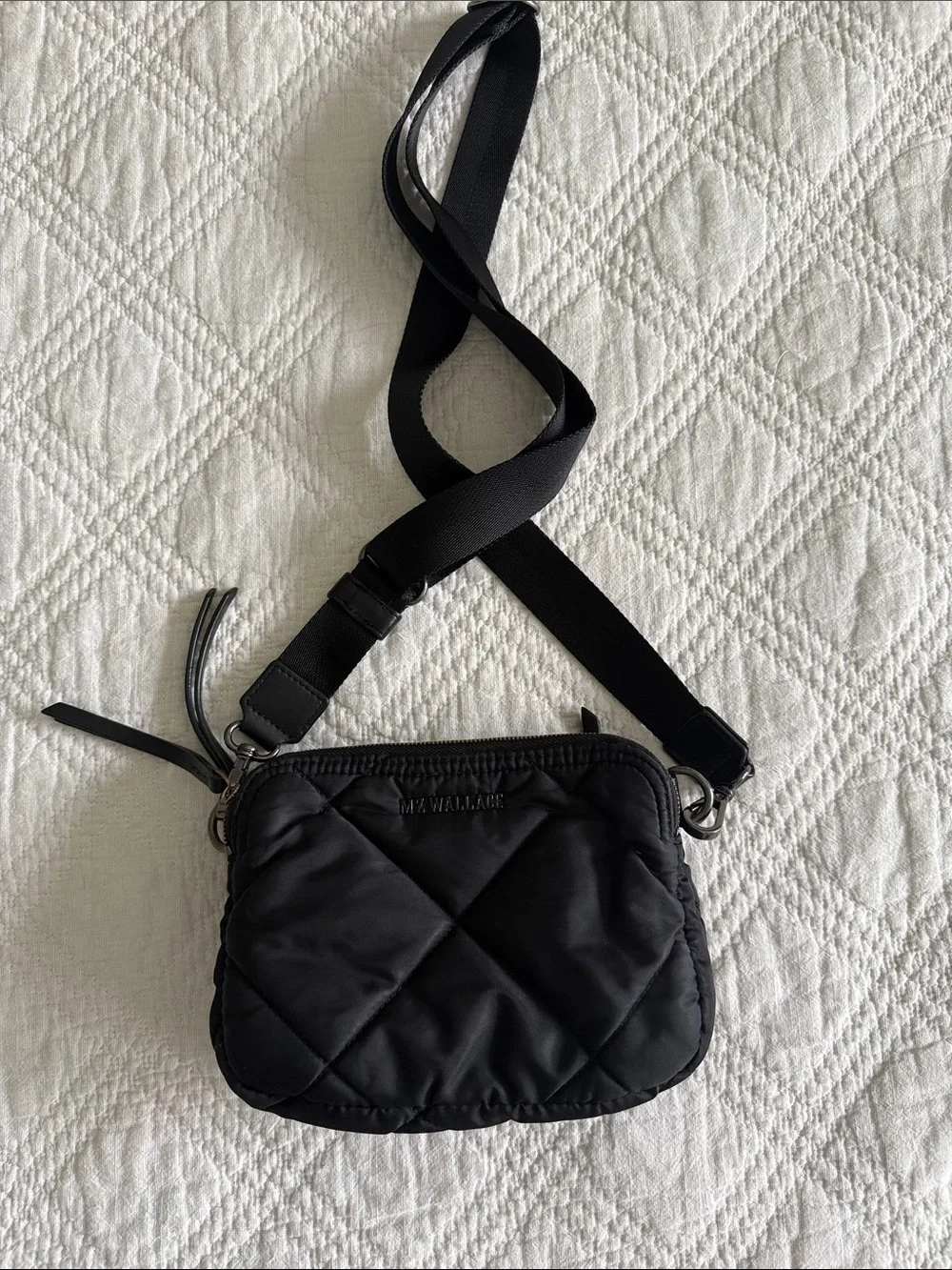 MZ WALLACE Black Madison Quilted Black Crossbody Bag Italian Leather Accents
